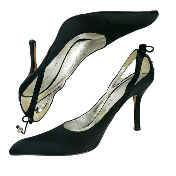 Giuseppe Zanotti Black Satin Dress Heels Lace Up Heel Rhinestone Ball Accent 37 - Picture 7 of 12